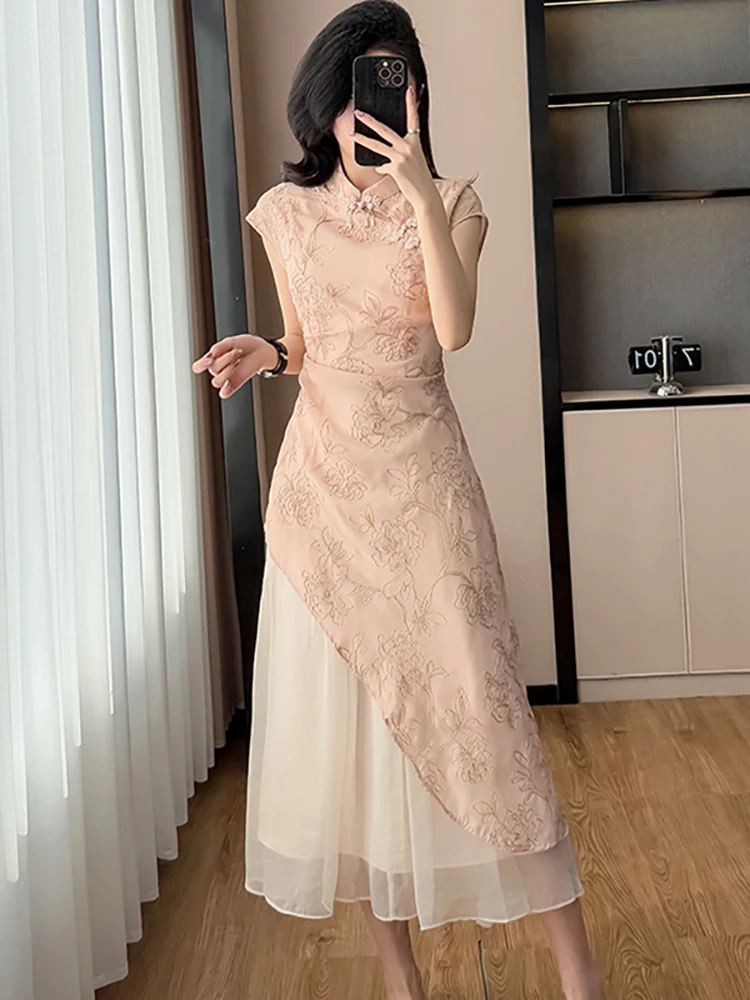 Été rose broderie florale Patchwork à volants longue robe femmes coréenne élégante robe de luxe robe 2025 nouvelle robe de soirée moulante