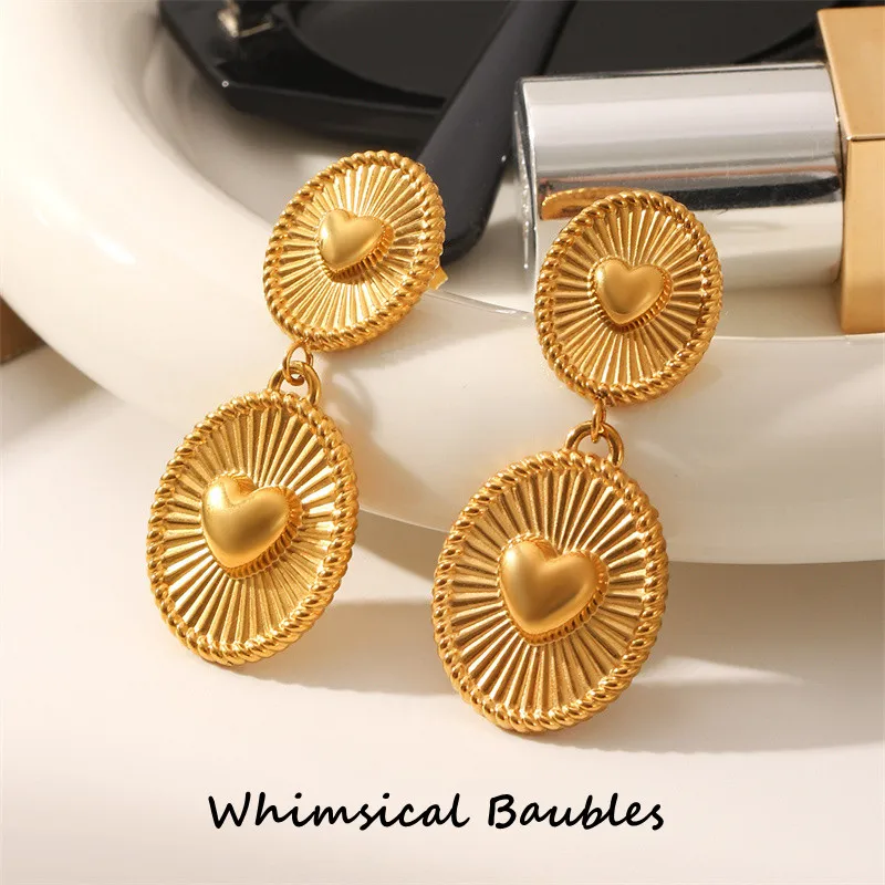 

18K Waterproof Gold Plated Geometric Earrings Stainless Steel Pleated Round Heart Shape Pendant Exaggerated Hoop Earrings