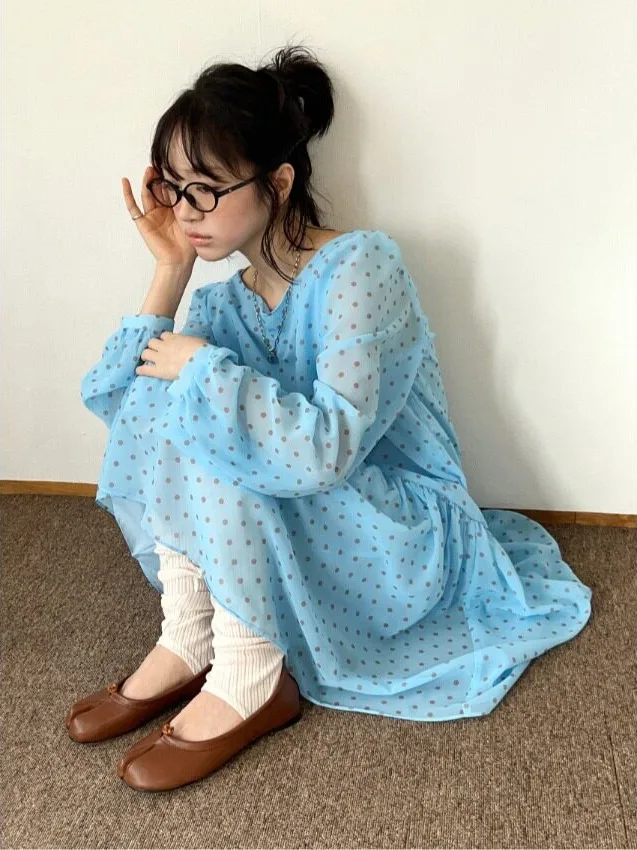 Retro Polka Dot Long Sleeve round Neck Chiffon Dress Korean Style Casual Forest System Skirt for Women in Their 20s And 30s