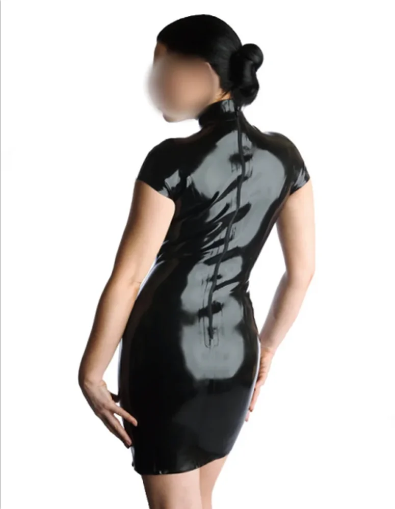 Handmade Black Latex Diamond Dress for Women Sexy Rubber Keyhole Design with Red Trims And Back Zipper Customizable Cosplay Wear view 2