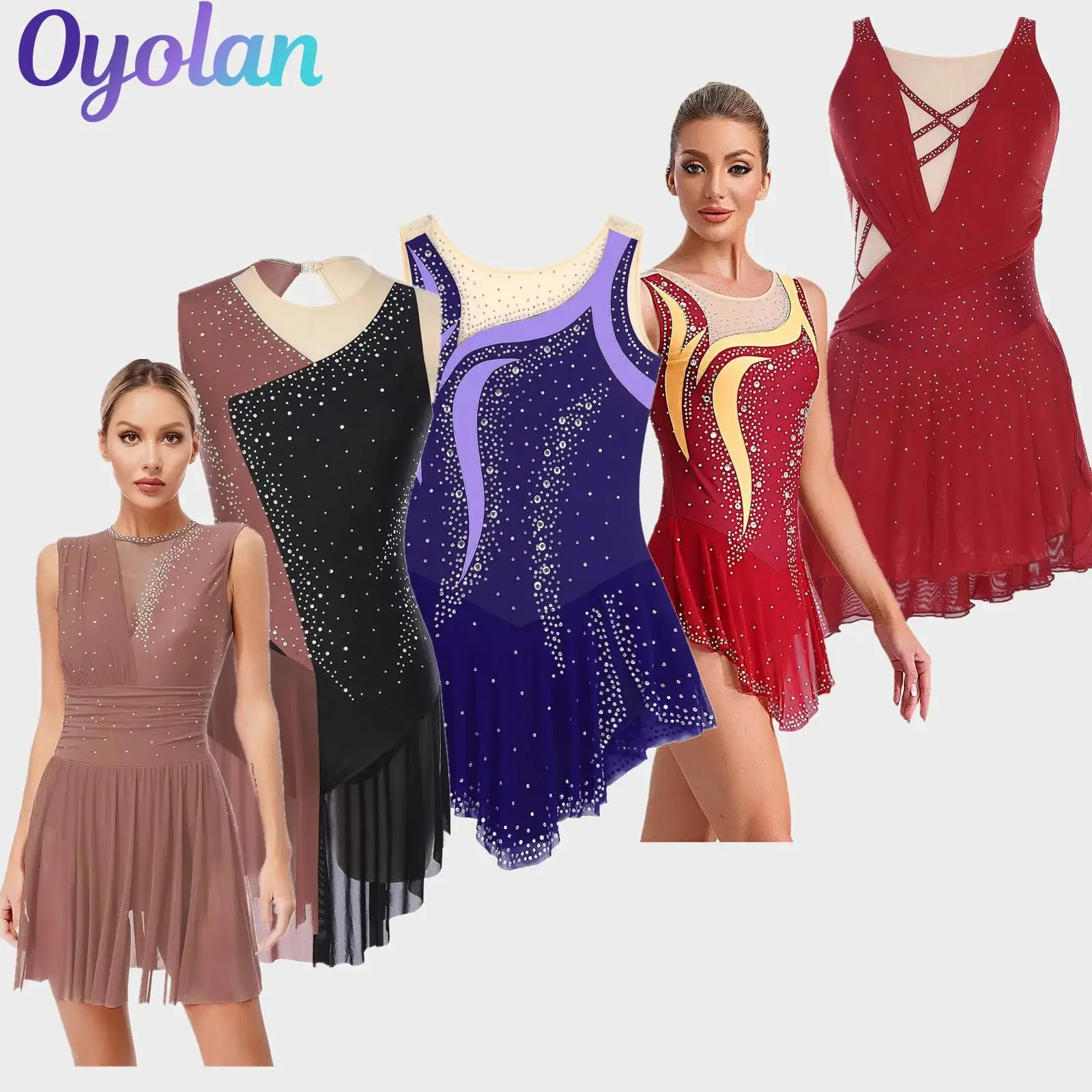 

Womens Shiny Rhinestones Gymnastics Artistic Figure Skating Costume Ballet Lyrical Contemporary Modern Dance Leotards Dress