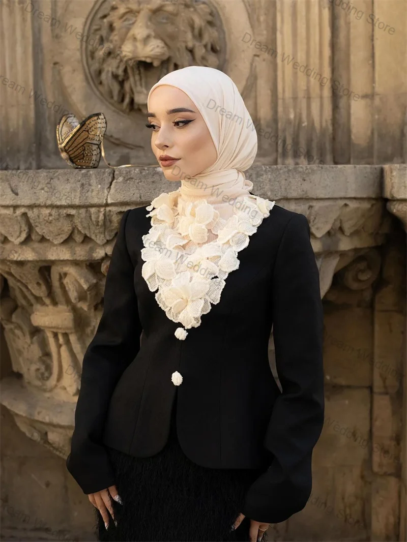 Black Women Suit Skirt Set 2 Pcs Blazer Prom Dress White 3D Flower Formal Office Lady Jacket Customized Wedding Tuxedos Coat