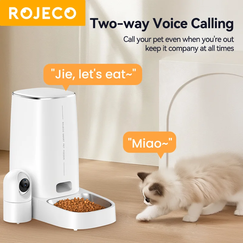 ROJECO Automatic Cat Feeder With 360°Rotating Camera Vedio 4L WiFi Cat Food Dispenser Pet Smart Voice Auto Feeder For Cats Dogs