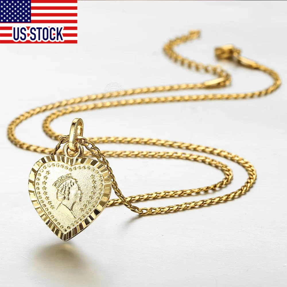 Heart-Shaped Pendant Necklace for Women Girls 2mm Gold Color Elizabeth Queen Charm Pendant Curb Chain Necklace Gifts DGP429