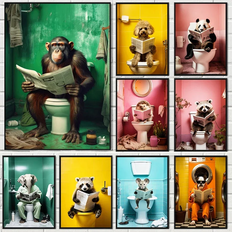 (2D Canvas painting) Chimpanzee Elephant Panda Animal Posters Print Funny Art Wall Picture Canvas Painting for Bathroom Toile