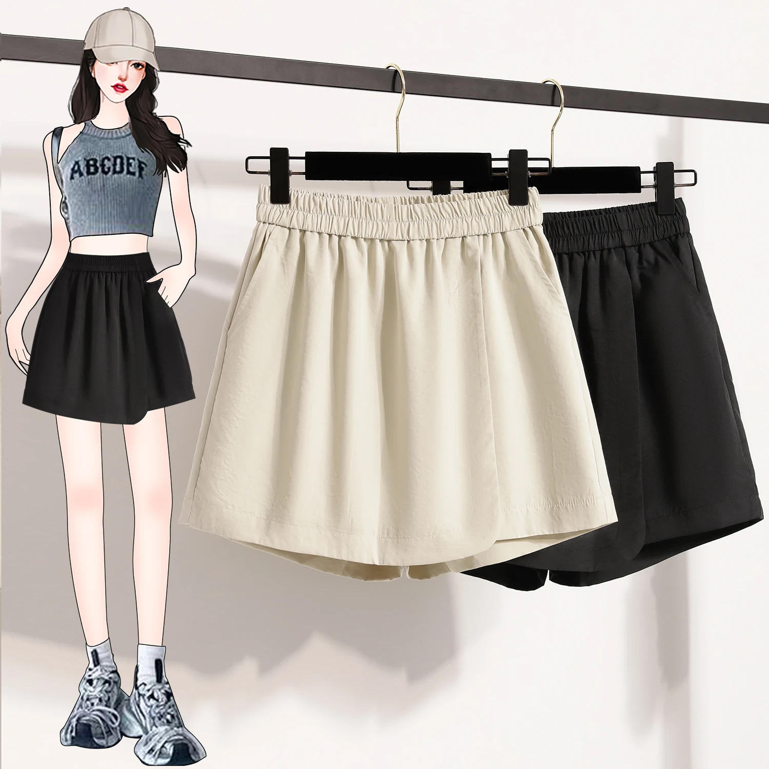 Plus Size Shorts Skorts For Women Summer 2025 New High Elastic Waist A Line Loose Shorts Women Korean Fashion Elegant Shorts