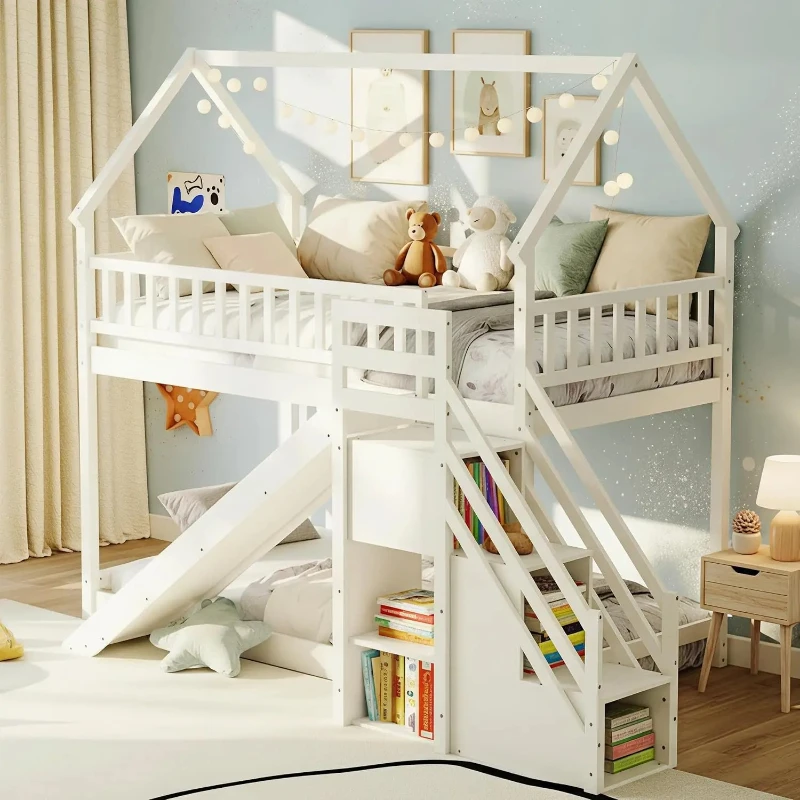 Wood Twin Over Twin Bunk Bed with Slide & Staircase, Twin House Bunk Bed with Safety Guardrails & Storage, Floor, Customized