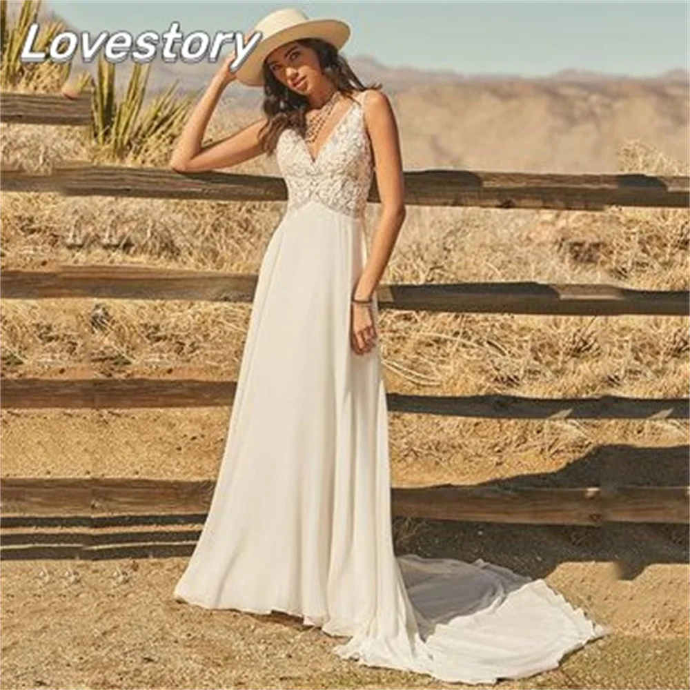 Gorgeous A-Line Wedding Dresses V-Neck Bride Robes Backless Bridal Gowns Spagheeti Strap Boho Button Sleeveless Vestido De Noiva