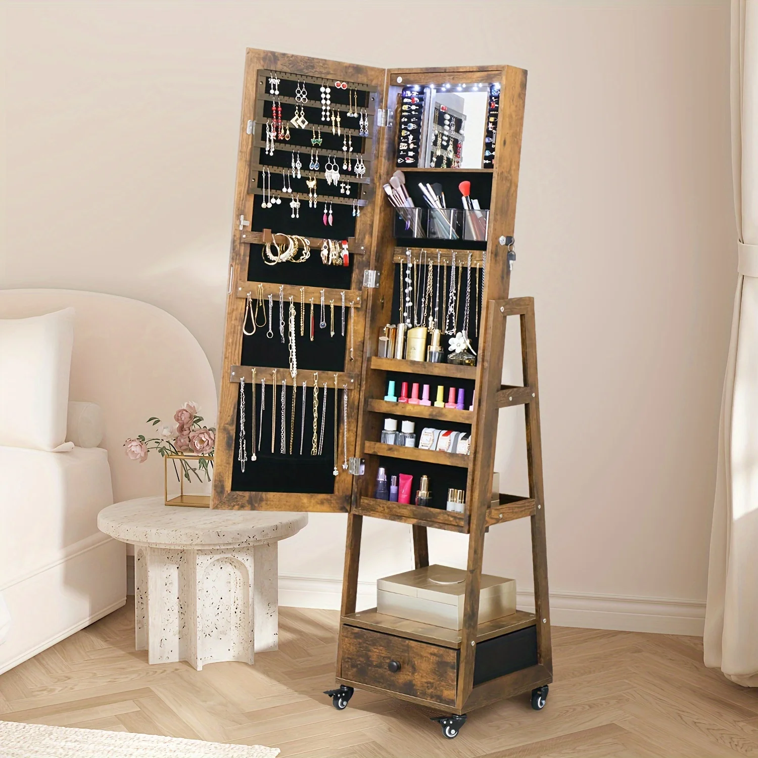 

[Lockable Jewelry Armoire] Full Length Mirror Lockable Jewelry Cabinet Standing Jewelry Armoire With Lights - Jewelry Storage Organizer With Wheels