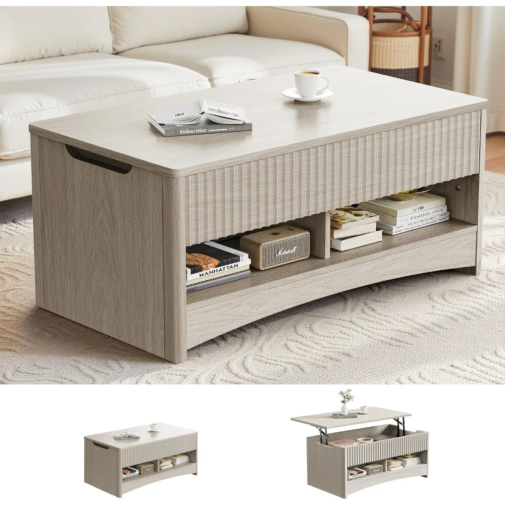 

Amada Coffee Table Fluted Lift Top, 35.2" Wood Table with Storage Shelf & Hidden Compartment, Modern Rectangle Center Table for