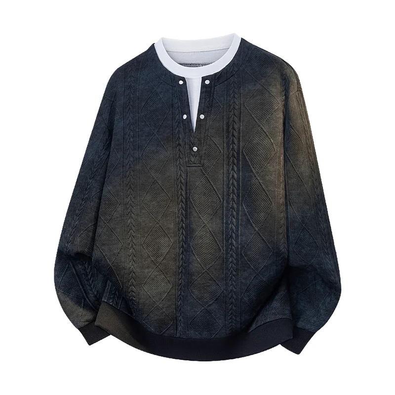Men's Tie Dye Cable Embossed Henley Sweatshirt Loose Long Sleeve Pullover Casual Top