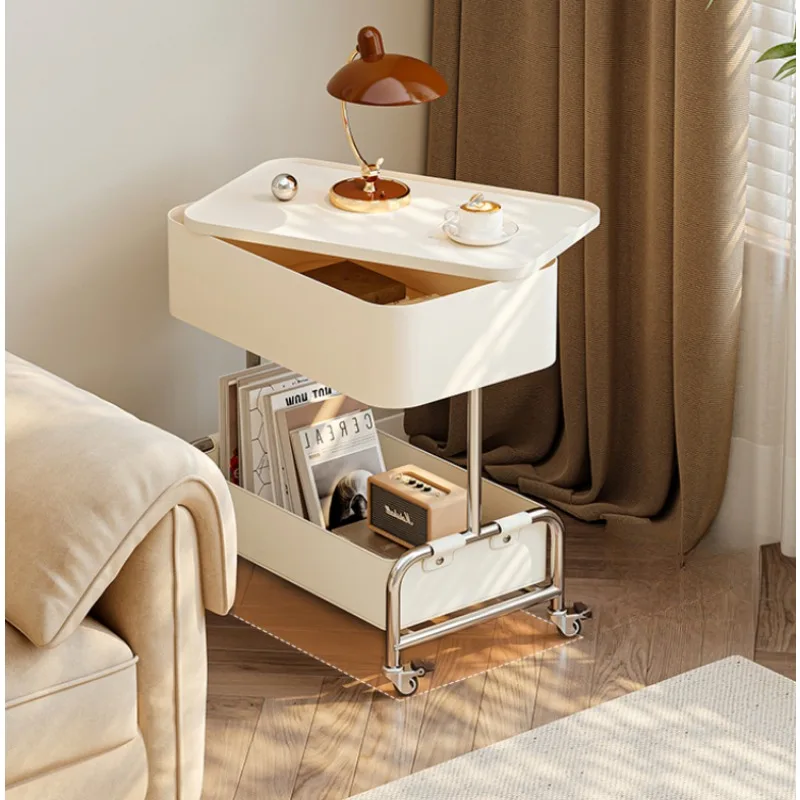 Mobile Rolling Side Table with Storage Modern Minimalist End Table Movable Tea Cart with Wheels