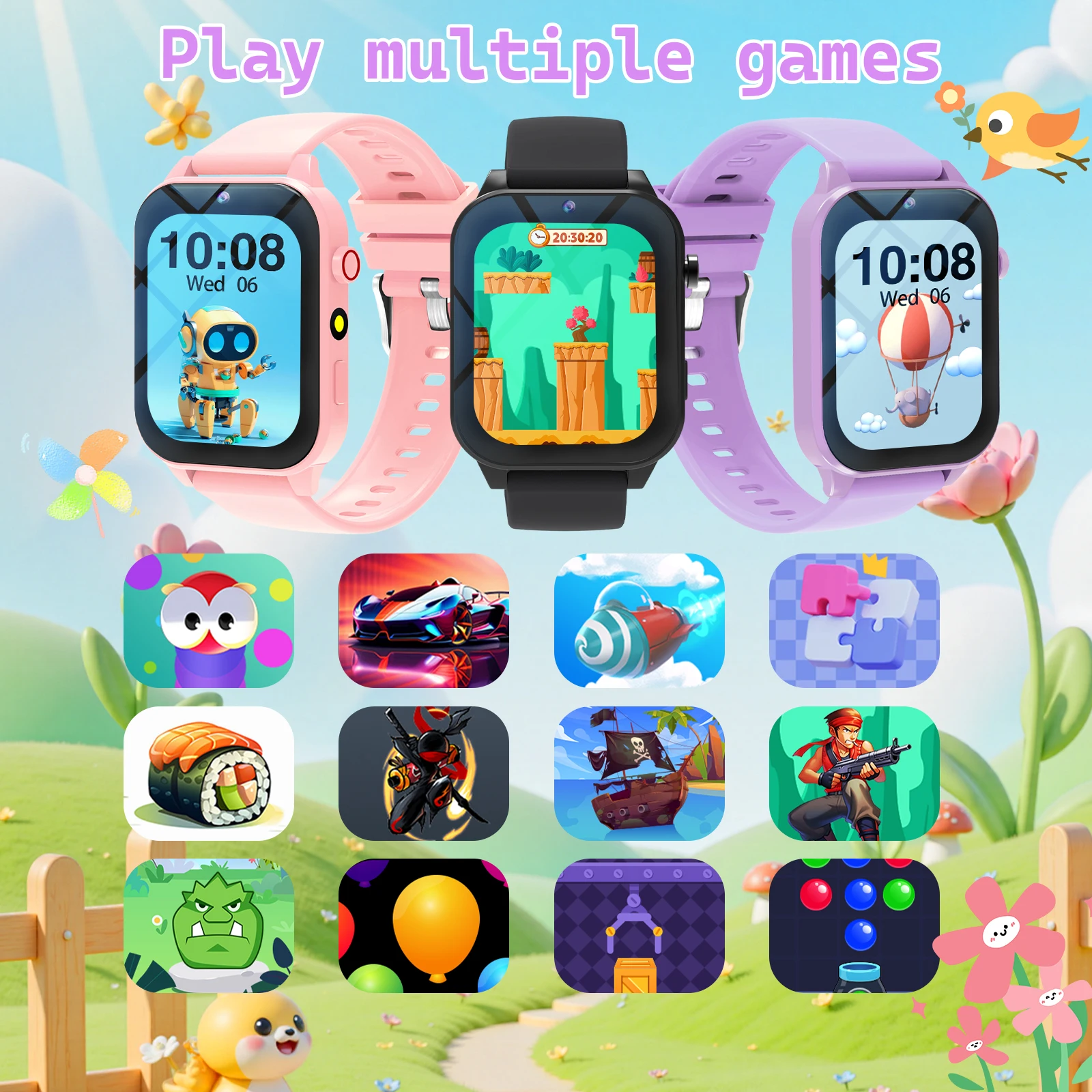 ساعة ذكية للأطفال، 18 لعبة تعليمية، مع مصباح يدوي، كاميرا، ساعة منبه، آلة حاسبة، كتاب القصص، حزام