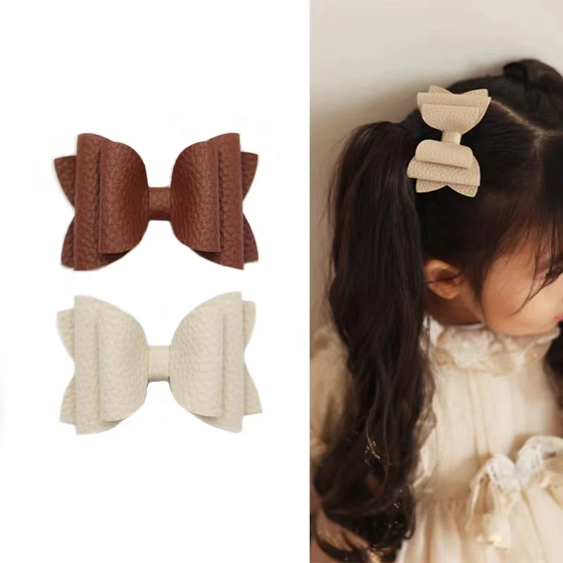 2PCS Cute Candy Color Boutique Leather Bow Hairpins Side Hair Clips Handmade Elegant Hair Accessories Girls Kids Women Headwear