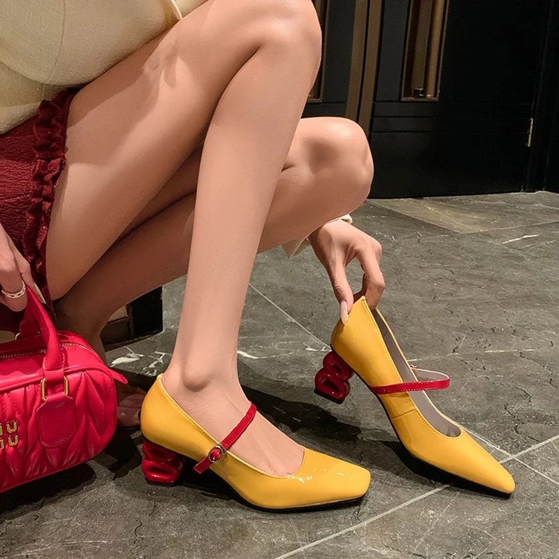 NEW Spring/Autumn Women Pumps Patent Leather Shoes for Women Sqare Toe Strange Heel Shoes Candy Color Buckle Strap Modern Shoe