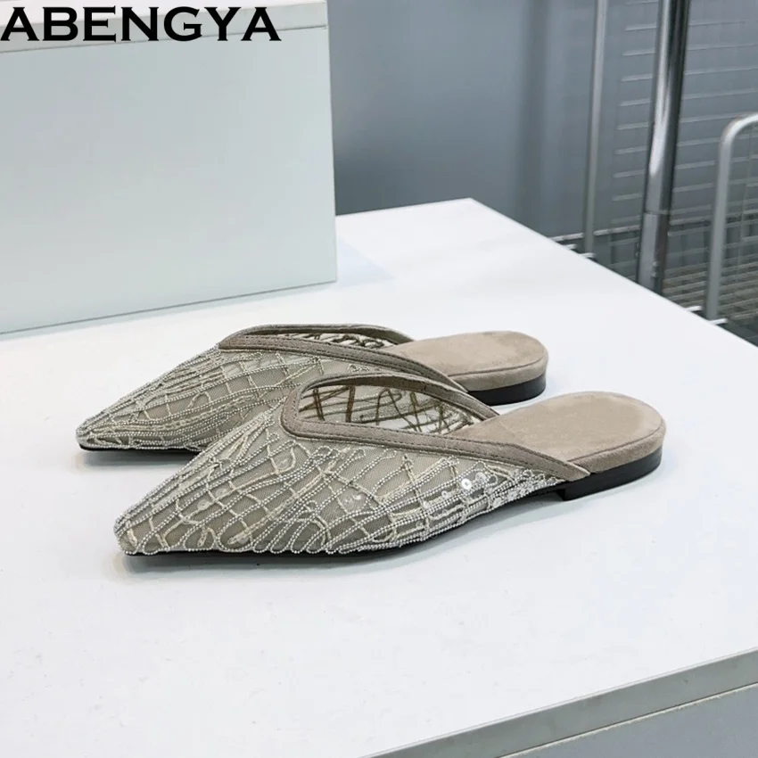 נעלי קיץ שטוחות רשת לנשים, קיץ 2026, נעלי מוקסינים עם קצה מחודד, נעלי חוף קז'ואל, סנדלים לחופשה, נעלי בית לנשים