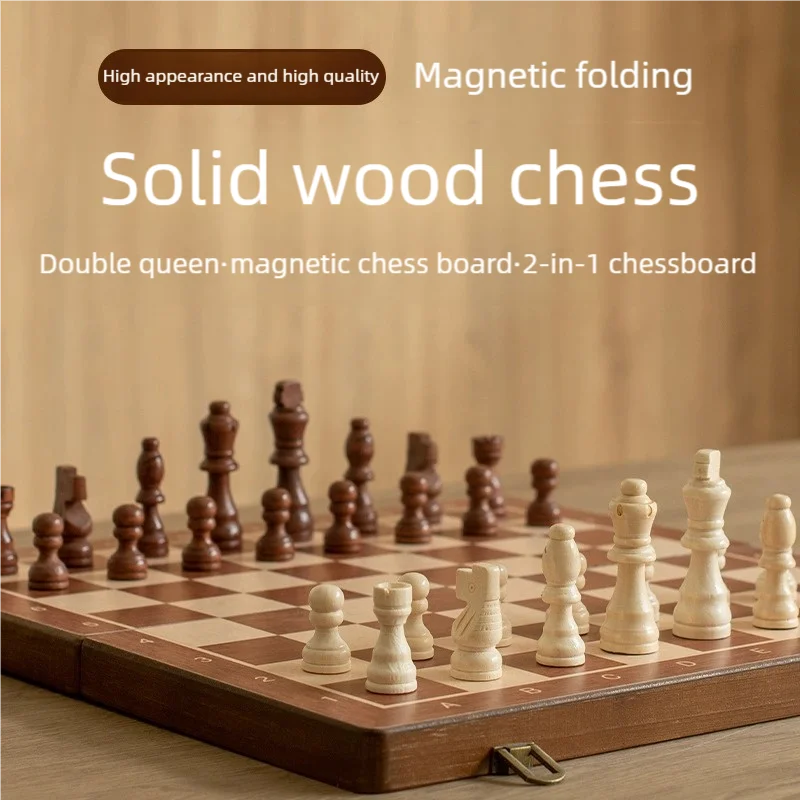 

Wooden Magnetic Chess Set 15in Large 2 in 1 Chess and Checkers Set Children Adult Portable Folding Chessboard Double Queen