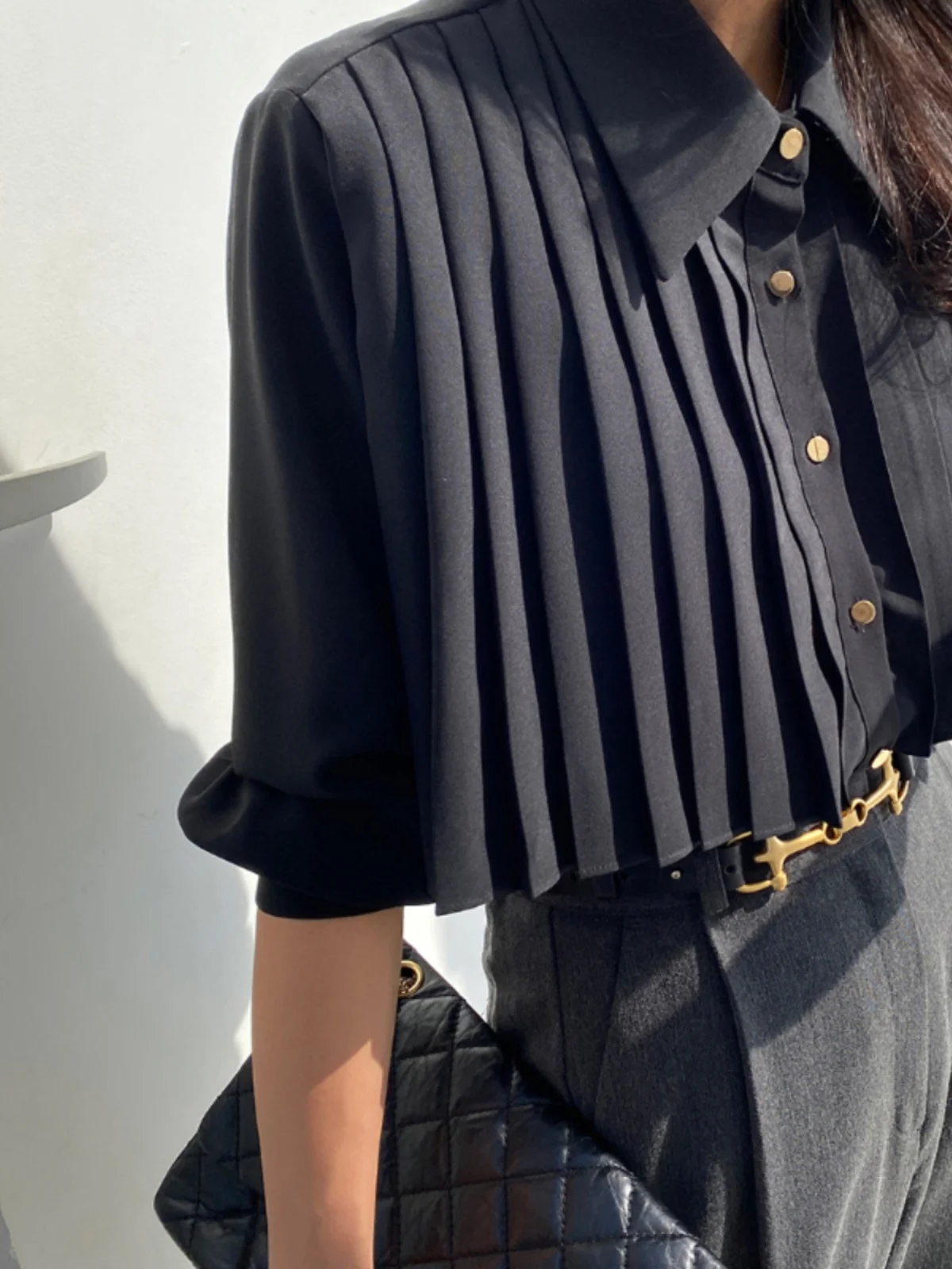 

Bla Pleated irt Women's High Waist ort Version Spring Design Korean Sle Versatile Top Heavy Industry