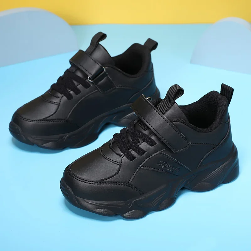 Children Shoes Kids Casual Sneakers Black Pu Leather Sports Shoes for Boy Girls Black Shoes School Running Tennis Sneaker