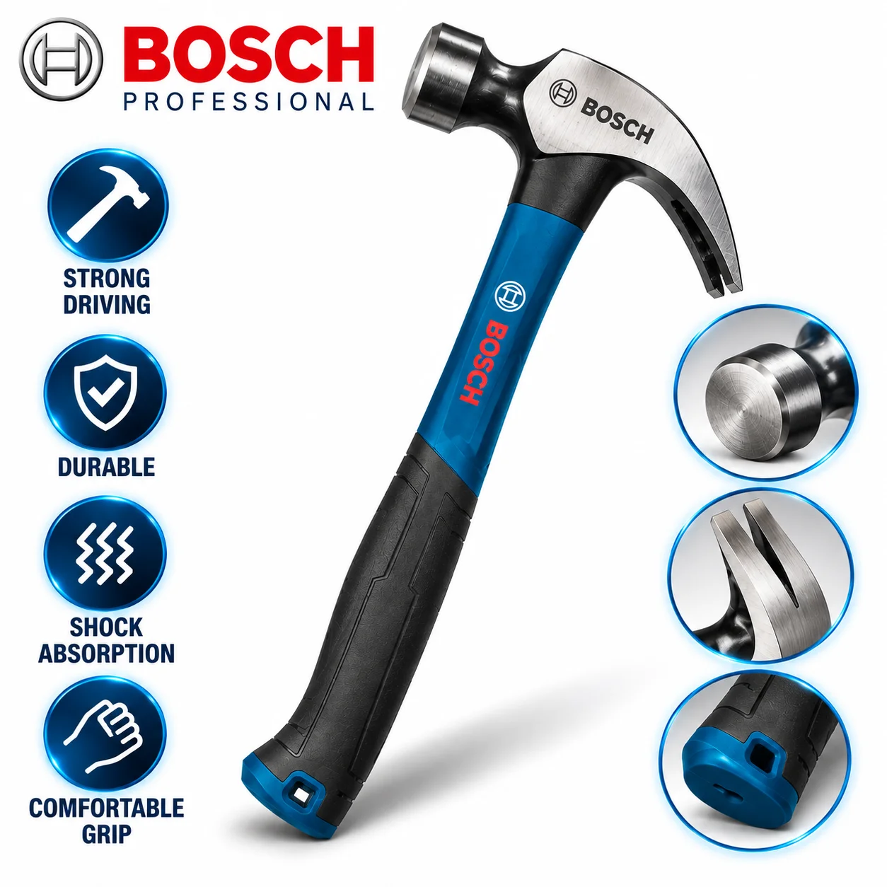 BOSCH Claw Hammer 12/16/20oz Carbon Steel Head Fiberglass Handle Shock Absorbing Nail Puller Hand Tool for Woodworking Repair