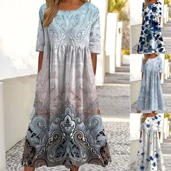 Summer Bohemian Dress Women Cotton Print Loose Casual Round Collar Half Sleeve Natural Scenery Pockets A Line Long Robe