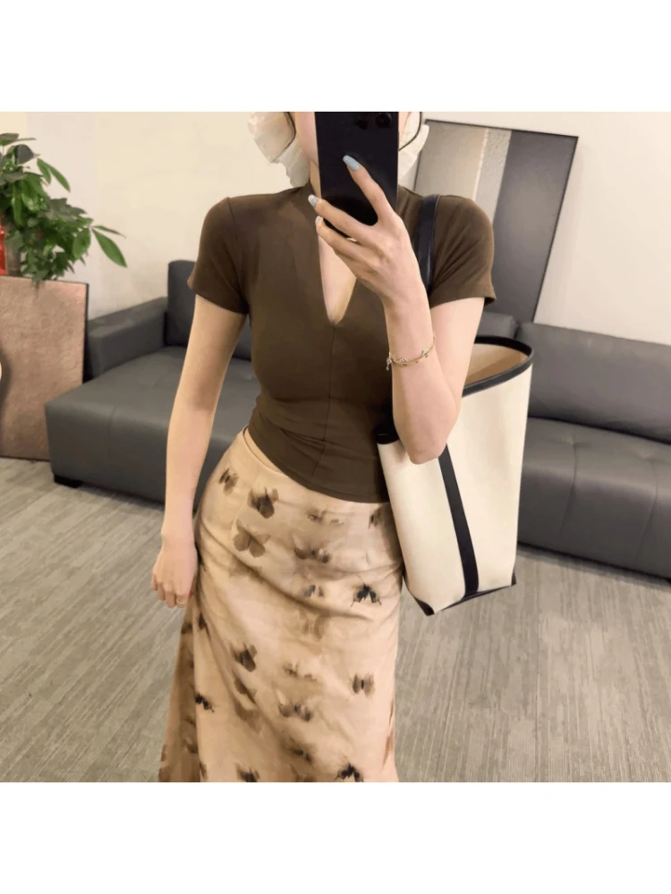 슬림핏 V넥 여성 여름 패션 얇은 스커트와 탑 세트, 에스닉 스타일 캐주얼웨어