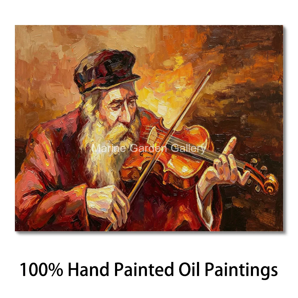 Hand Painted Jewish Oil Painting Classic Violinist Portrait Elder Musician Textured Canvas Realistic Art for Study Room Decor