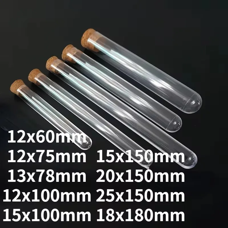 Test Tubes Length 60mm To 180mm Transparent Laboratory Clear Plastic With Corks Caps School Lab Supplies Wedding Favor Gift Tube