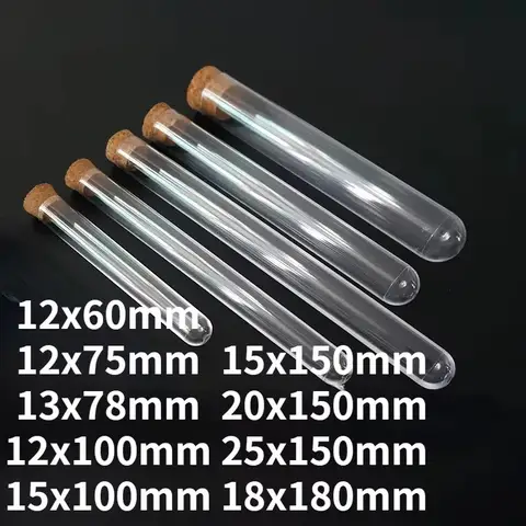 테스트 튜브 길이 60mm ~ 180mm 코르크 캡이있는 투명 실험실 투명 플라스틱 학교 실험실 용품 결혼식 호의 선물 튜브