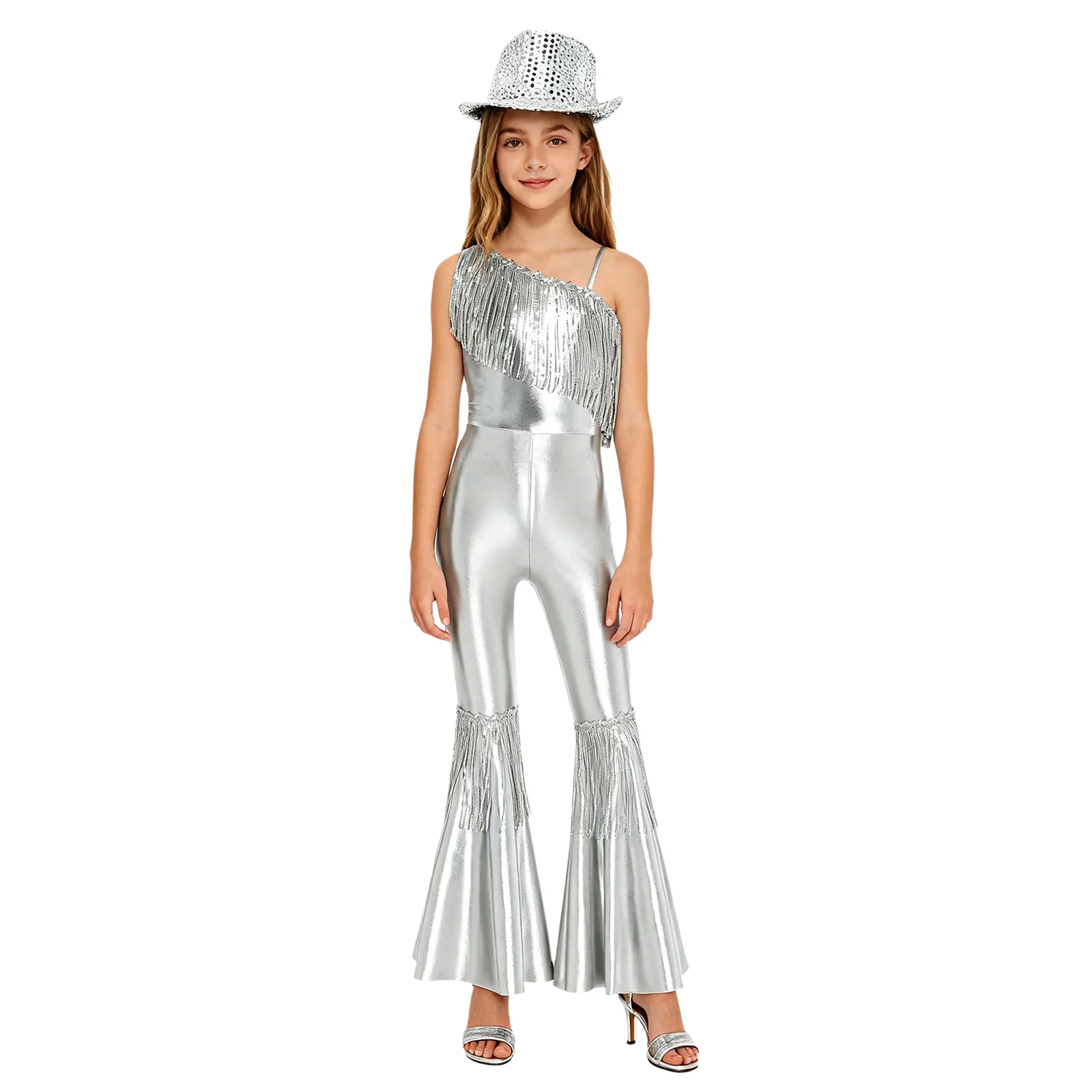 Kids Girls 70s Disco Jazz Dance Costume Hippie Hiphop Disco Outfit One Shoulder Sequins Tassel Flared Jumpsuit Teens Party Sets