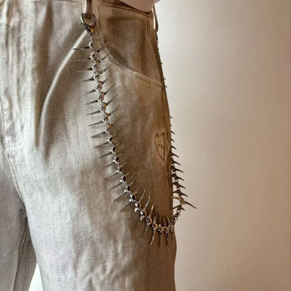 Hip-hop Punk Sliver Color Spikes Fishbone Skeleton Waist Chain for Men Women Fashion Trouser Chain Bag Hanger Chain Body Jewelry