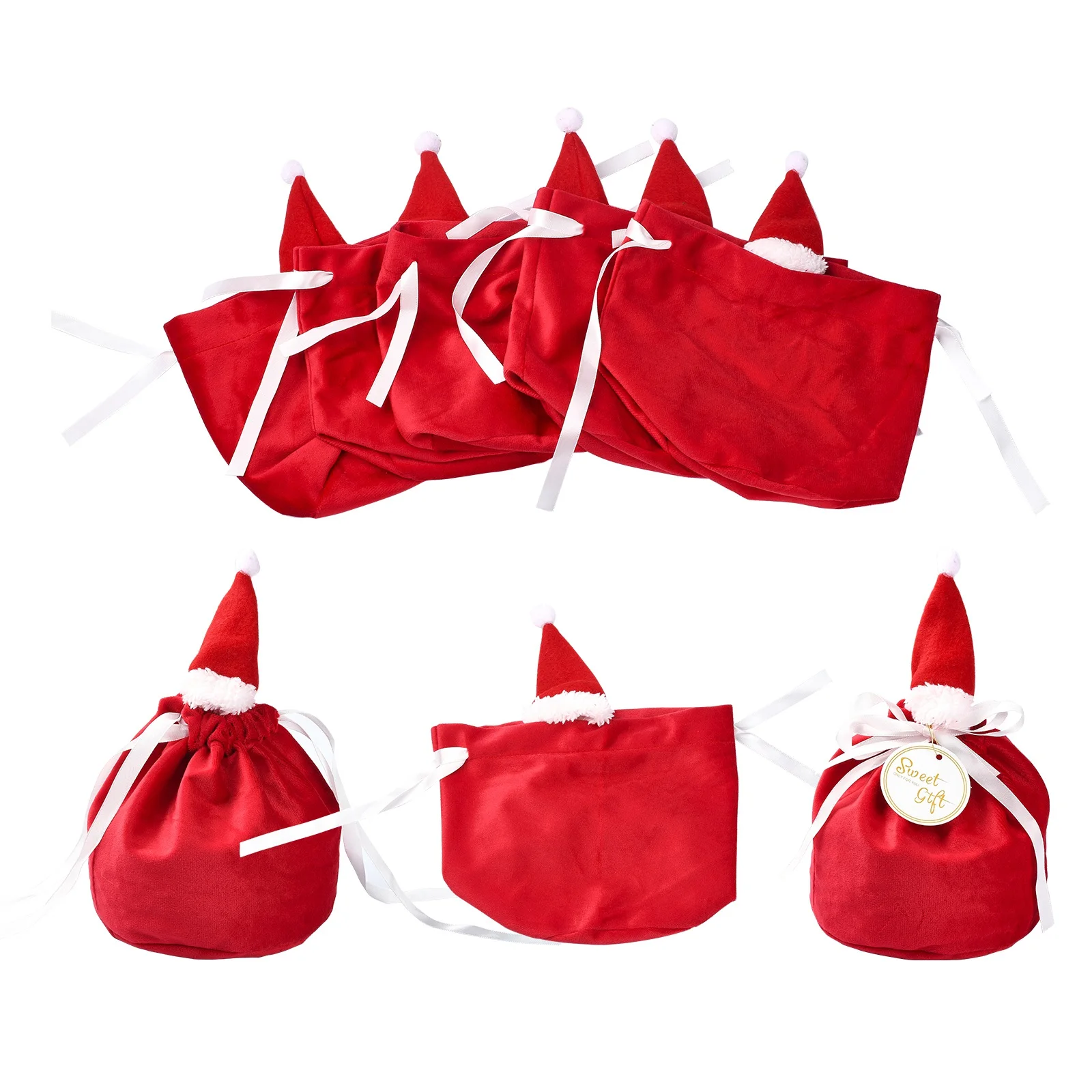 5Pcs Red Christmas Velvet Drawstring Bags Cute Xmas Gift Wrapping Bags with Hat for Wedding Birthday Party Favors(19×17cm)