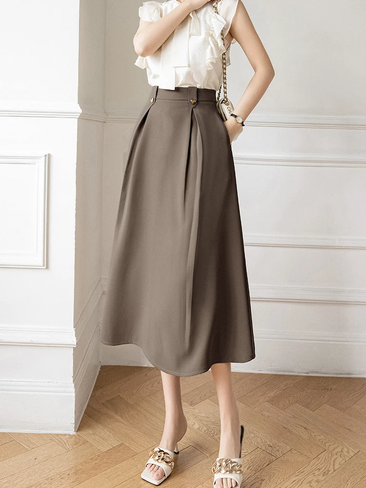 Jupe trapèze décontractée taille haute pour femmes, jupes mi-longues élégantes pour dames, travail, avocat de bureau, mode automne, 2024