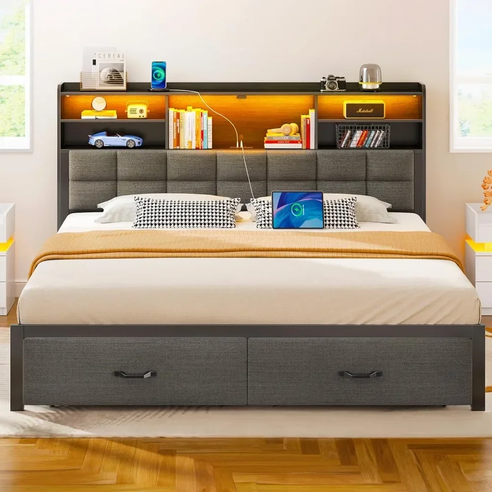 Bed Frame with Drawers and Charging Station, Upholstered Platform Bed with Storage Headboard and LED Light