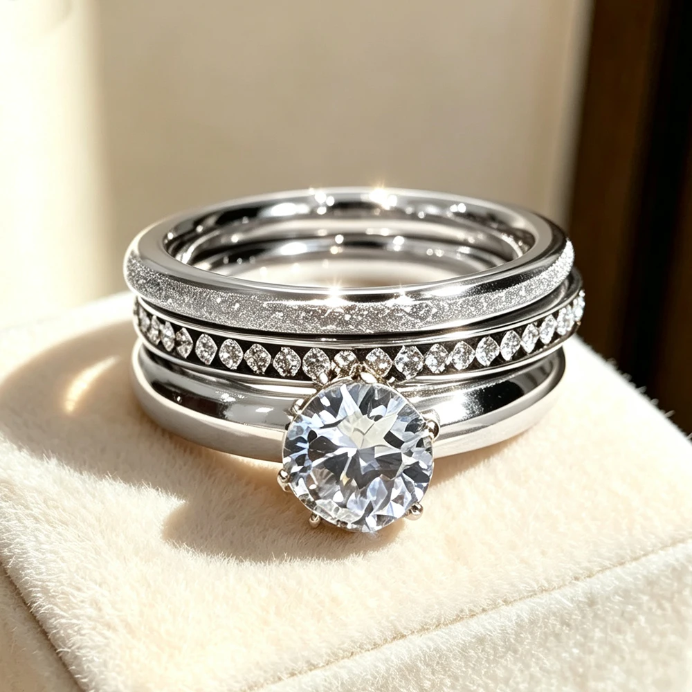 Yupsk 3pcs Classic Fashion Zircon Inlaid Stainless Steel Rings Set for Women Sparkling CZ Engagement Party Ring Jewelry