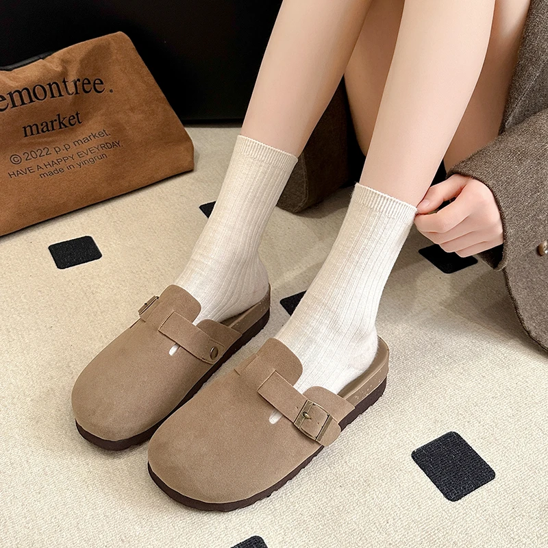 Faux Suede Platte Slippers Vrouwen Herfst Vintage Close Teen Muiltjes Schoenen Vrouw Zachte Zool Kurk Slippers Buiten Slippers