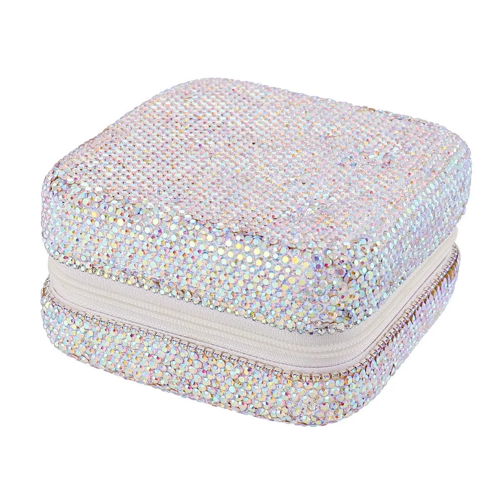 

Luxury Bling Rhinestone Jewelry Box Double Layer Square Portable Ring Holder Partition Protective Travel Earrings Storage Case