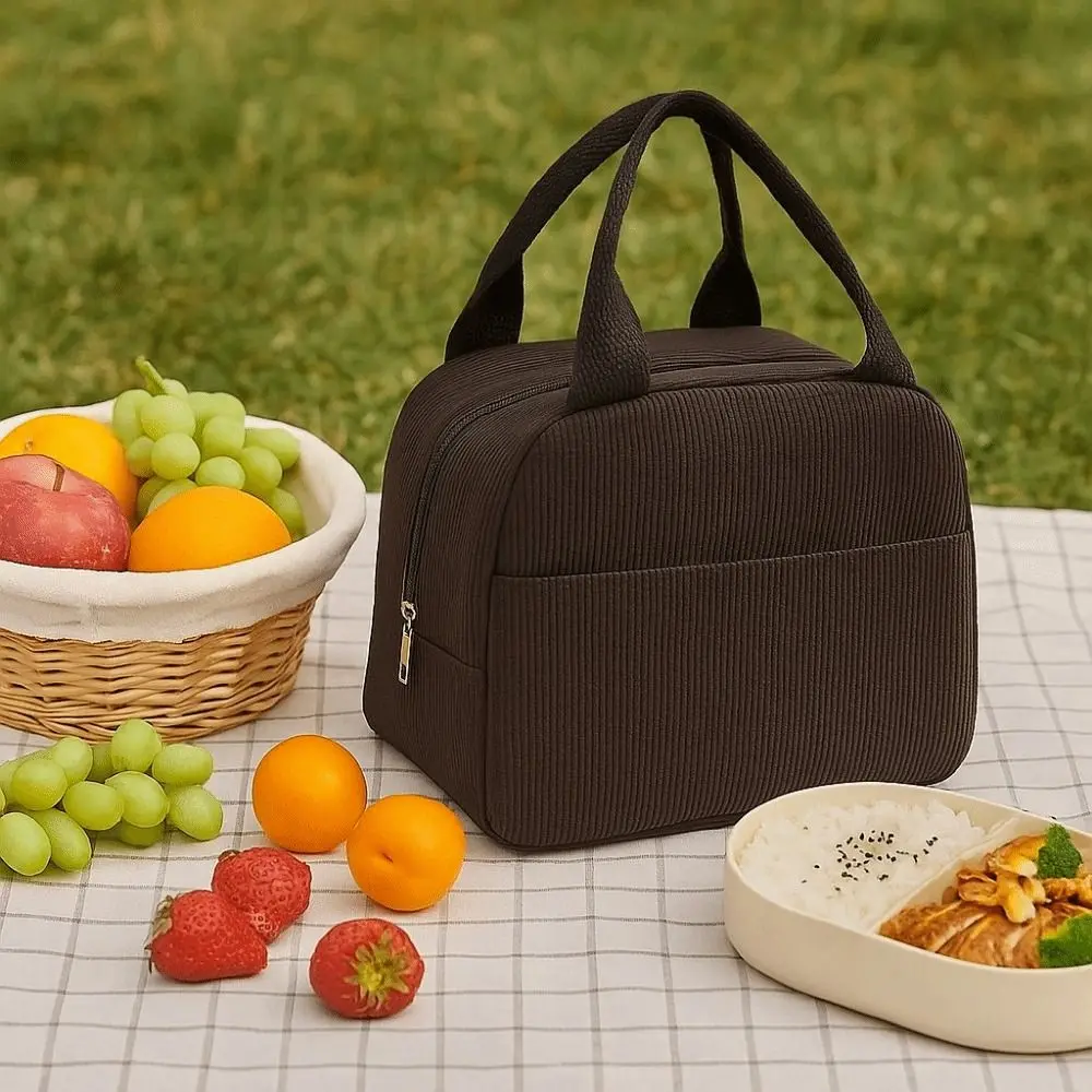 Compact Corduroy Insulated Lunch Bag Hand-Held Portable Thermal Lunch Bag Large Capacity Minimalist Lunch Box Storage Bag Picnic