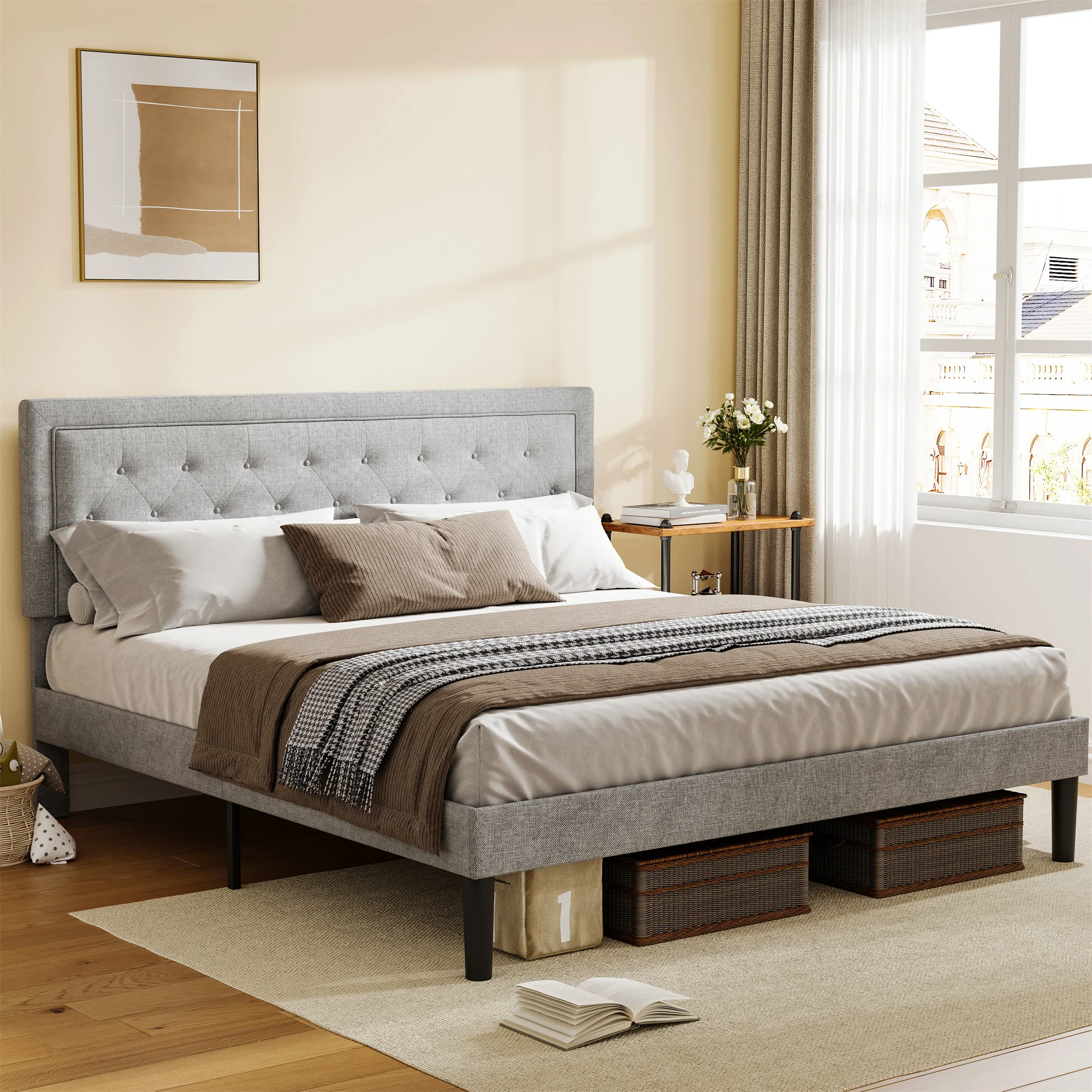 [Flash Sale]Queen Size Light Grey Bed Frame with Adjustable Border Headboard[US-Stock]