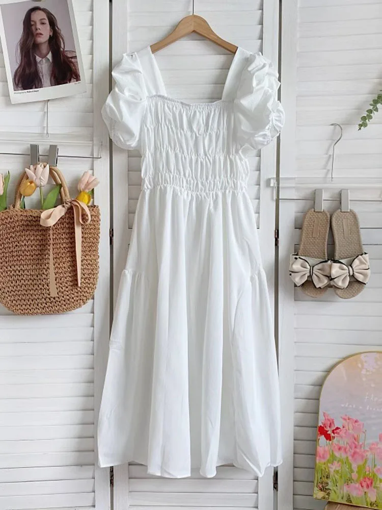 

Summer Women’s Solid A-Line Dress Sweet Elegant Square Neck Puff Sleeve Long Dress Lady Chic High Waist White Party Dresses