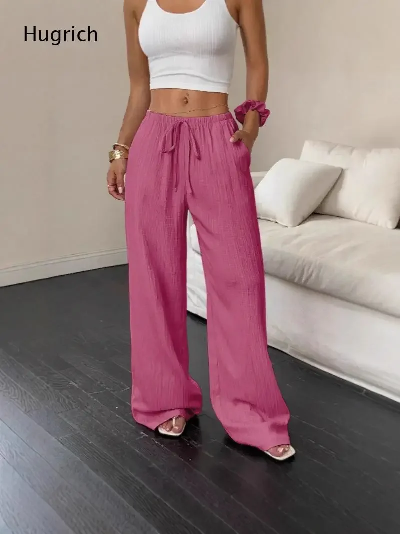 Women Hot Pink Drawstring Elastic Waist Textured Wide Leg Pants Loose Casual Palazzo Trousers with Pockets