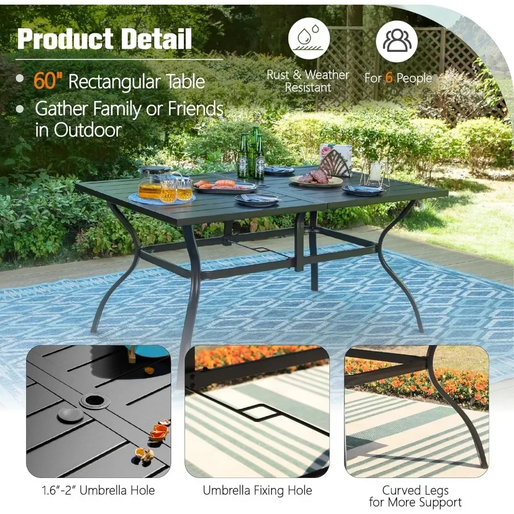 Outdoor Patio Table Rectangular Metal Patio Outdoor  Table, Black Steel Slatted Weather-Resistant Table Outdoor Tables