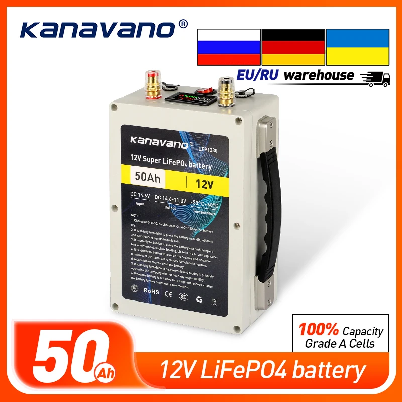 Kanavano 12V 50Ah LiFePO4 Rechargeable Battery Pack Built-in 12.8V 50A BMS For Golf Backup Power Solar Energy With USB