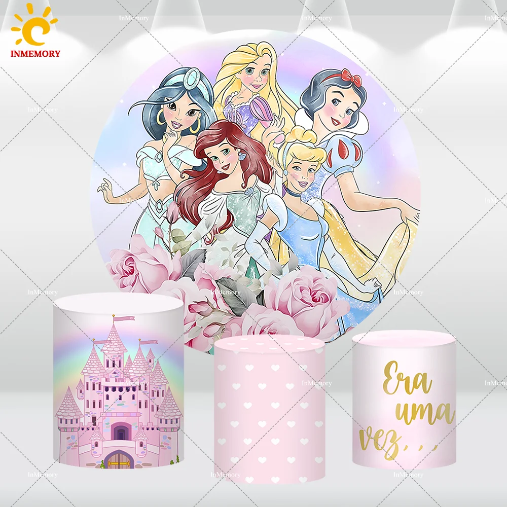 Acuarela princesa Ariel enredados jazmín Blancanieves tema niñas cumpleaños círculo redondo telón de fondo Castillo de Disney cubiertas de Pedestal
