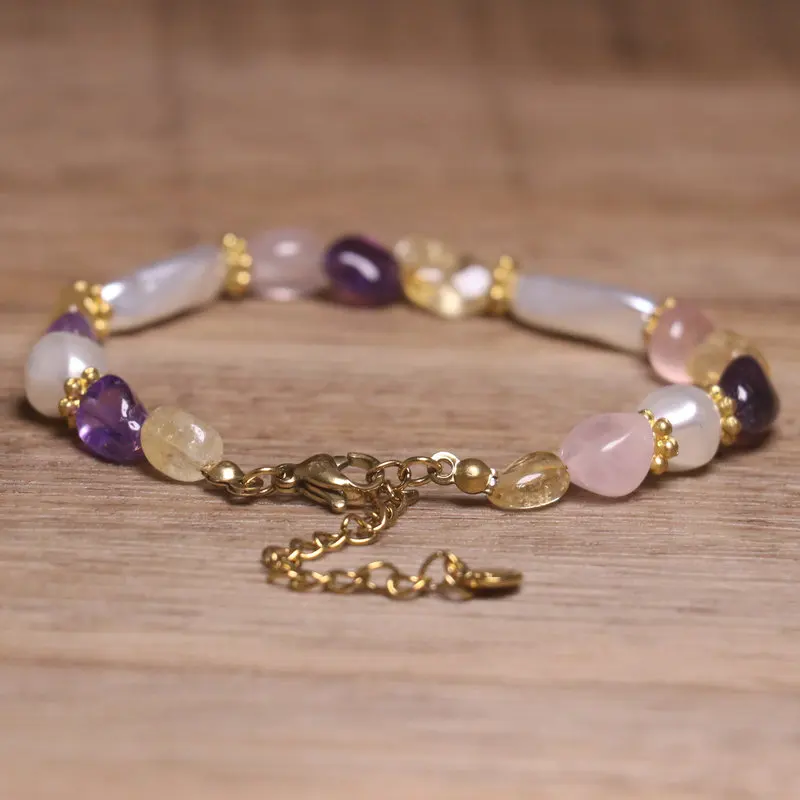 Bohemian Pearl Gemstone Bracelet Handmade Amethyst Rose Quartz Citrine Beads Gold Plated Chain Women Dainty Stackable Jewelry
