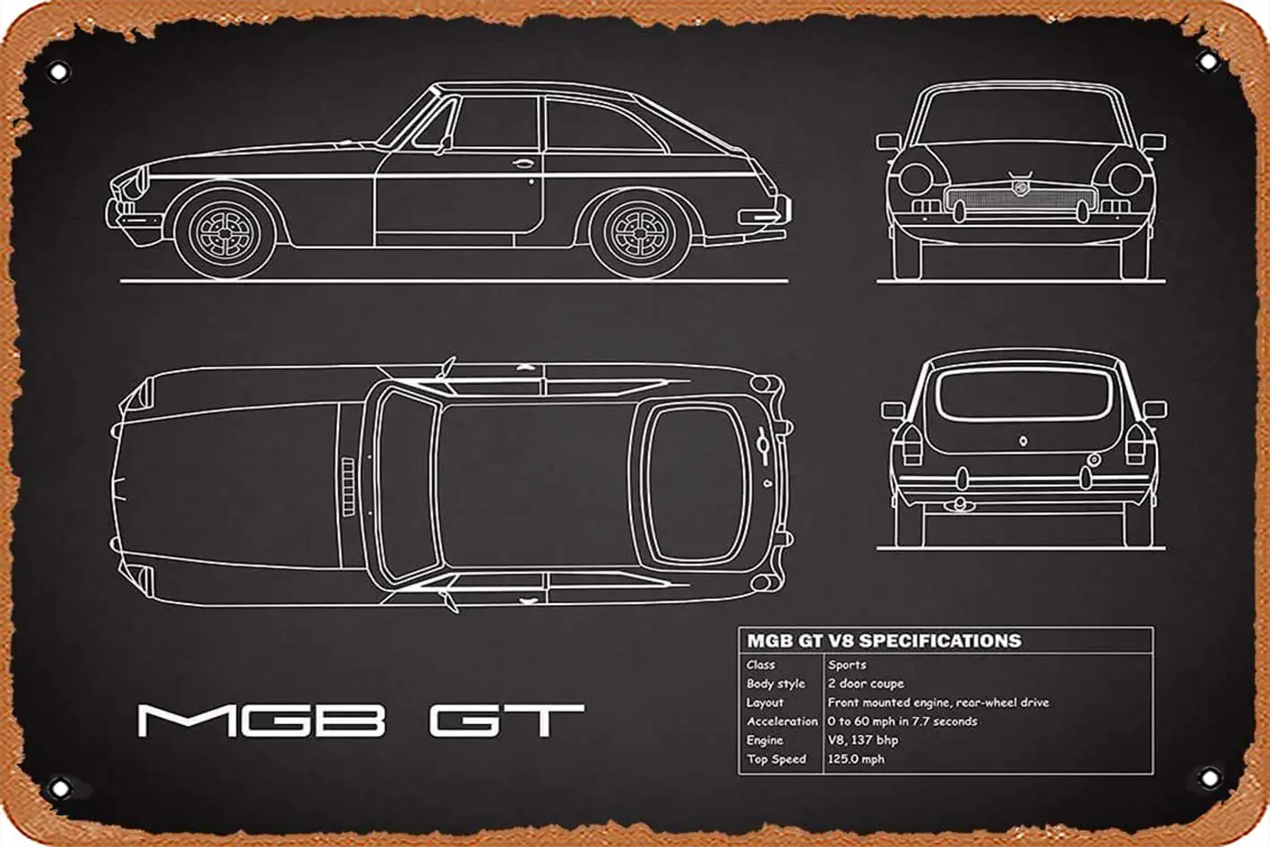 Черный постер с черным принтом MGB GT V8, металлическая жестяная вывеска 8x12, винтажный ретро-декор стен в виде человеческой пещеры.