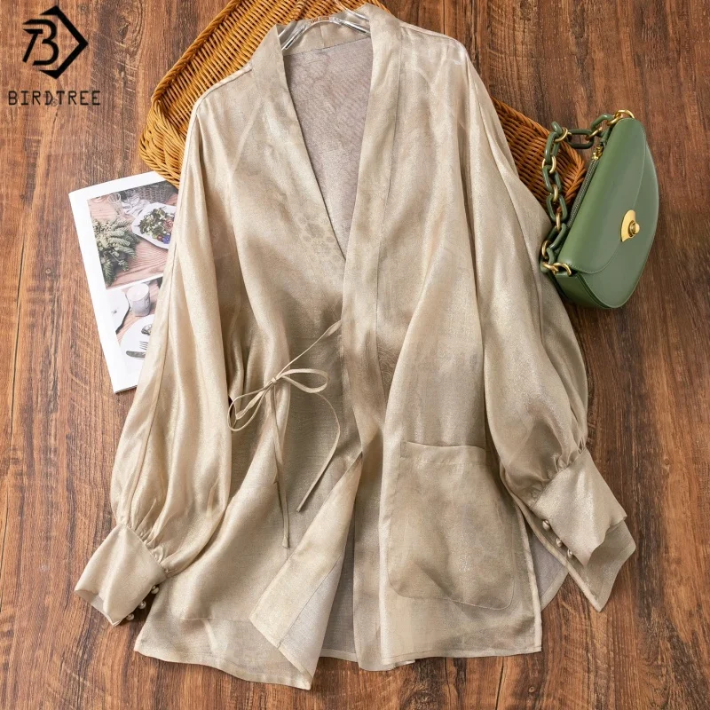 BirdTree, 93.9% Silk Sheer Coat, Women's Hidden Jacquard Fuguang Satin Jacket, Full Sleeve Cardigan, 2026 Summer New T64041JF