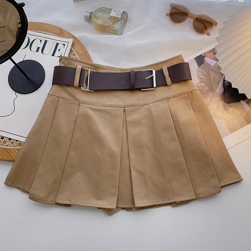 2023 A-line Skirts with Belt Women High Waist Short Skirt Buttons Skirt Female Clothing Female All-match