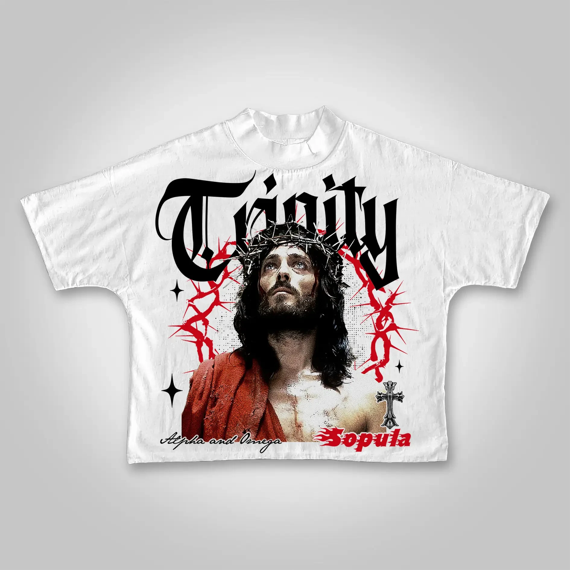 

Vintage Thorn Jesus Graphic Cropped T-shirt Men Fashion Street Hip-hop Rock Short-sleeved Women Cotton Round-neck Top