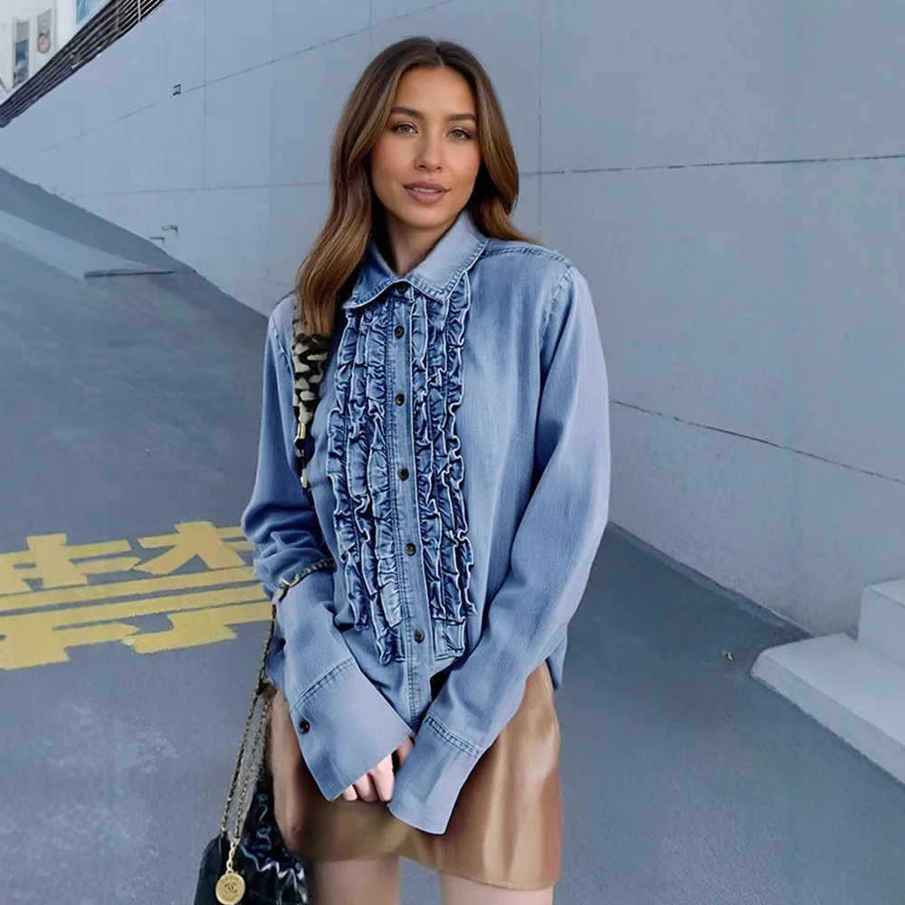 

Chic Women Autumn Denim Shirt Lapel Patchwork Shirts Single-breasted Slim Female Jeans Tops Elegant Office Work Blouse For Lady